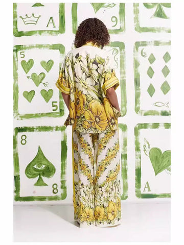 New Fashion Positioning Print Collar Short Sleeve Top With Casual Trousers Holiday Set